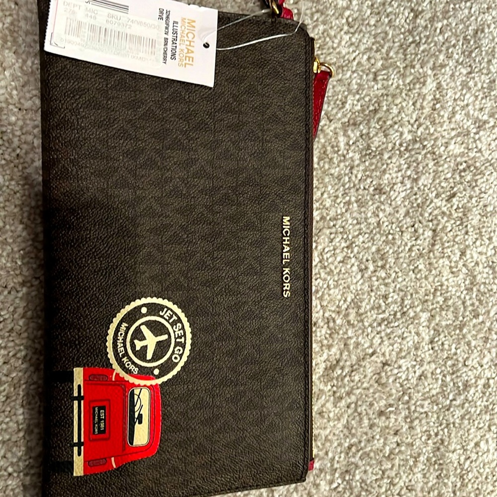 NWT Michael Kors Wristlet Drive Away Jet Set Go Illustrations  Large Brown